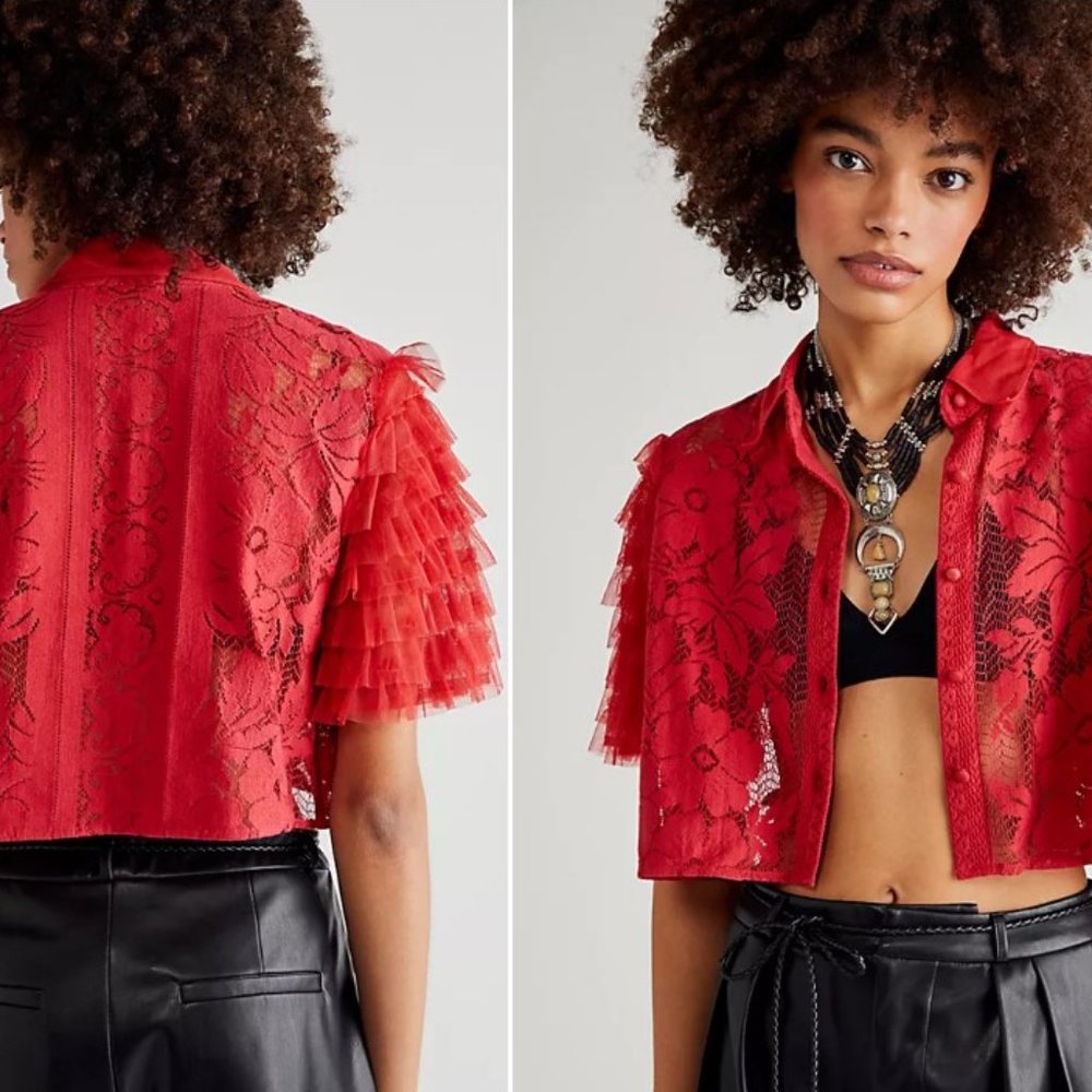 NWOT Free People Madonna Ruffle Top in Red
